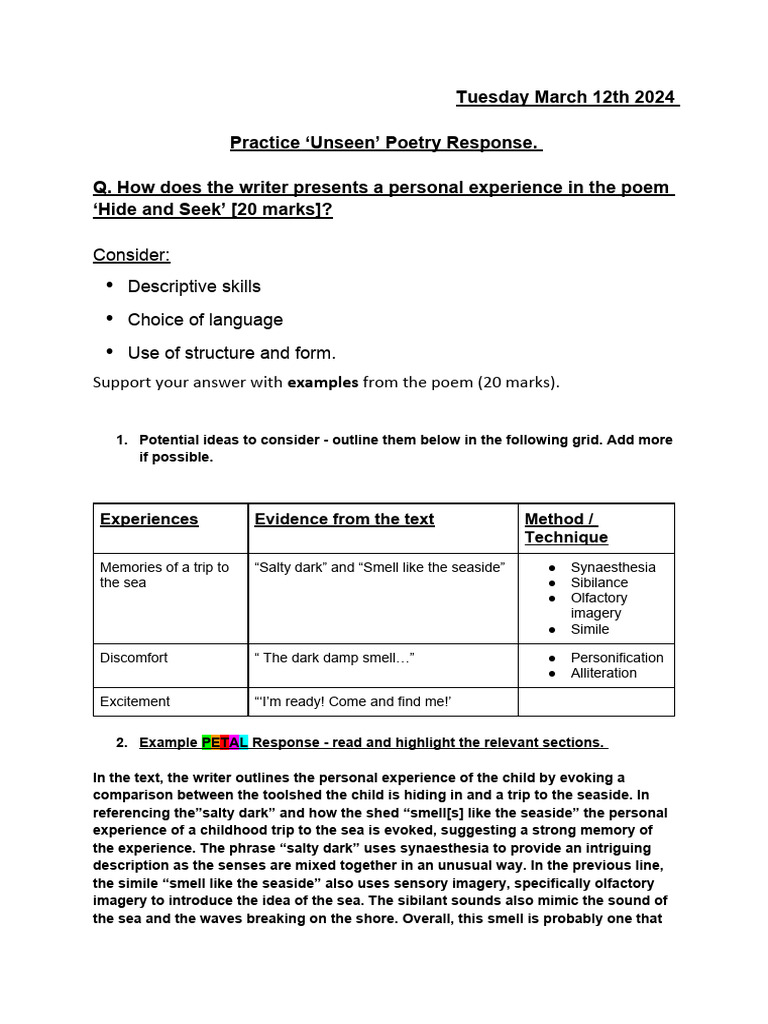 Ali Ali - Practice 'Unseen' Response of 'Hide and Seek' (KNW) | PDF ...