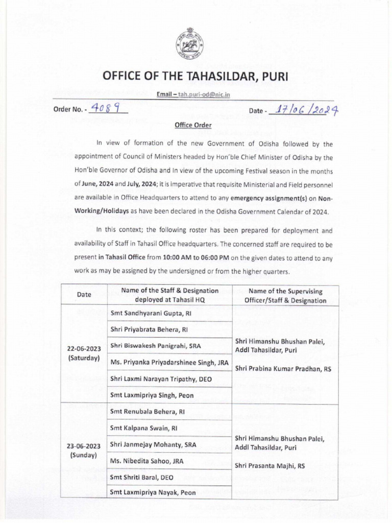Roster Duty On Govt Holidays - June 2024 and July 2024 | PDF
