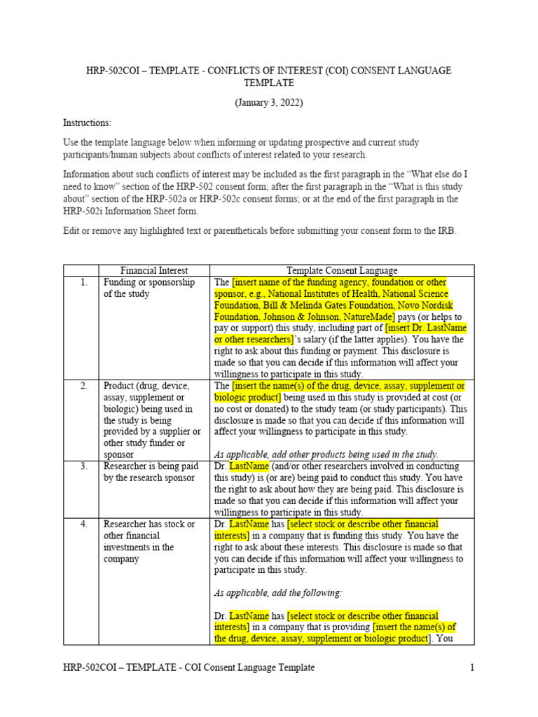 HRP 502coi Template Coi Consent Language Template 20220103 | PDF ...
