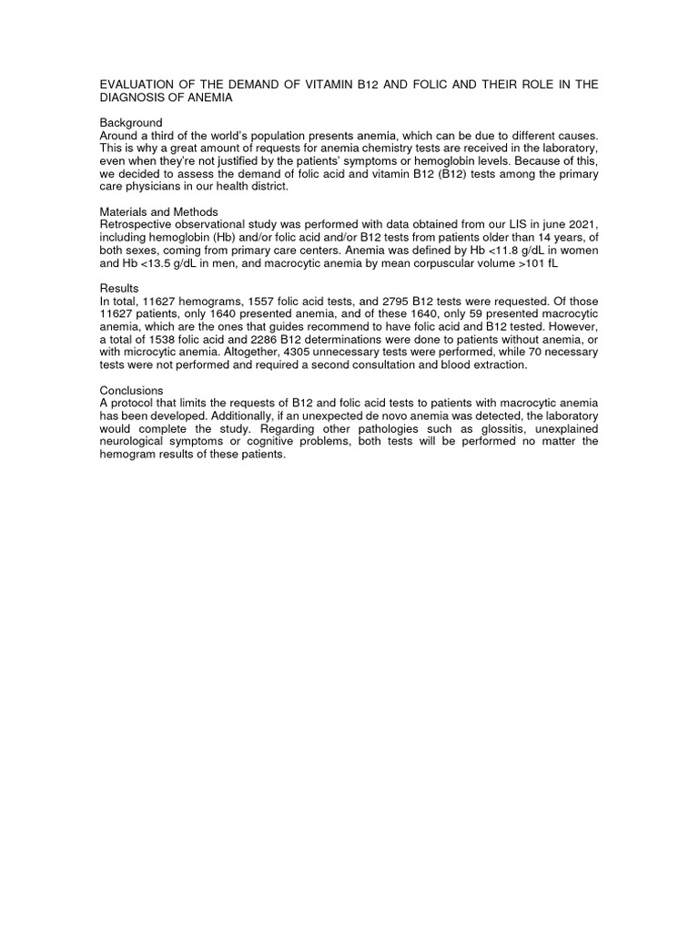 Evaluation of The Demand of Vitamin B12 and Folic and Their Role in The ...