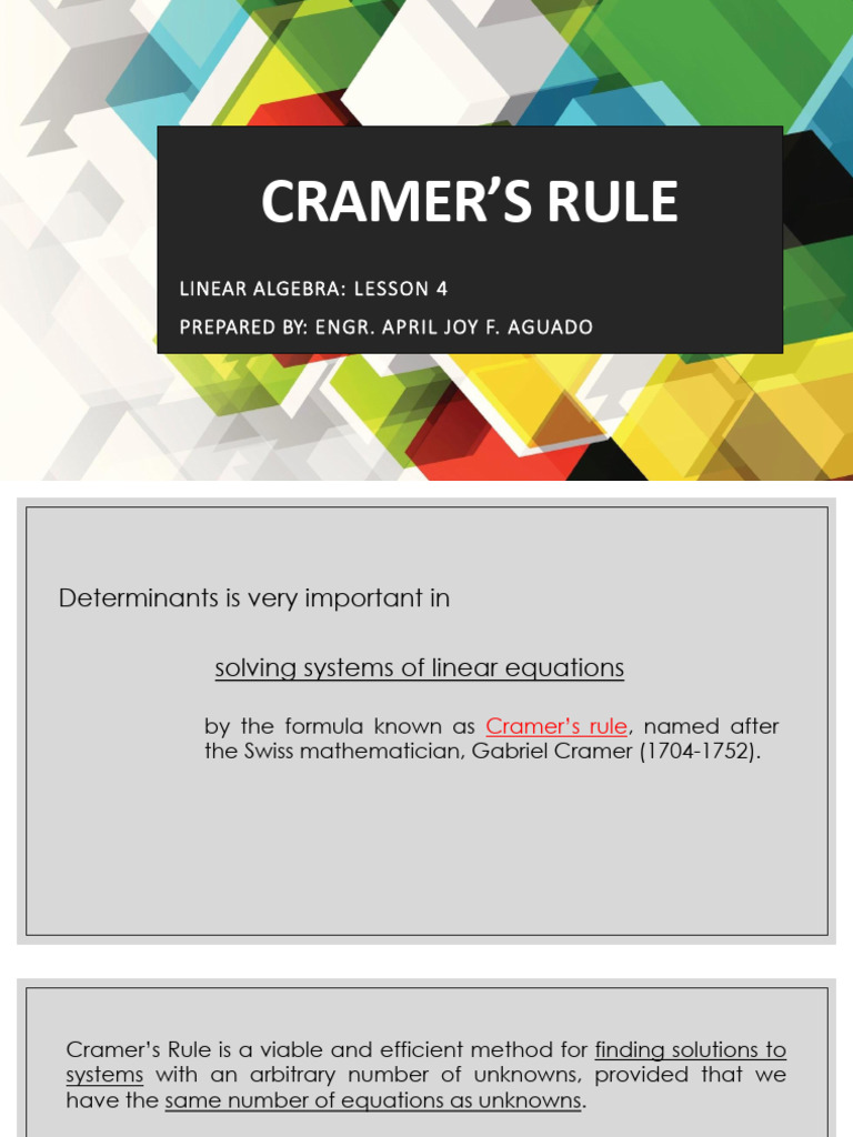 Cramer's Rule in Linear Algebra | PDF | Equations | System Of Linear ...