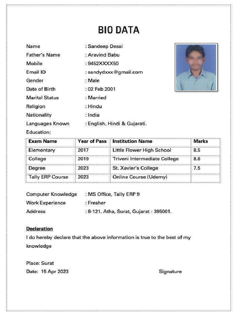 35+ Simple Job Bio Data Formats PDF & Word (Free Download) | PDF