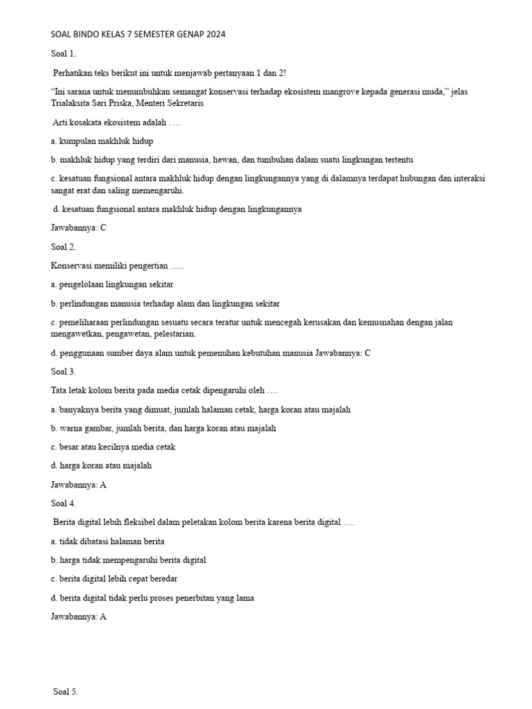 Soal Bindo Kelas 7 Semester Genap 2024 | PDF