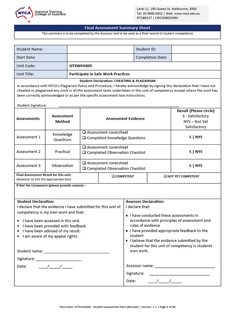 SITXWHS005 Final Assessment Summary | PDF | Risk | Risk Management