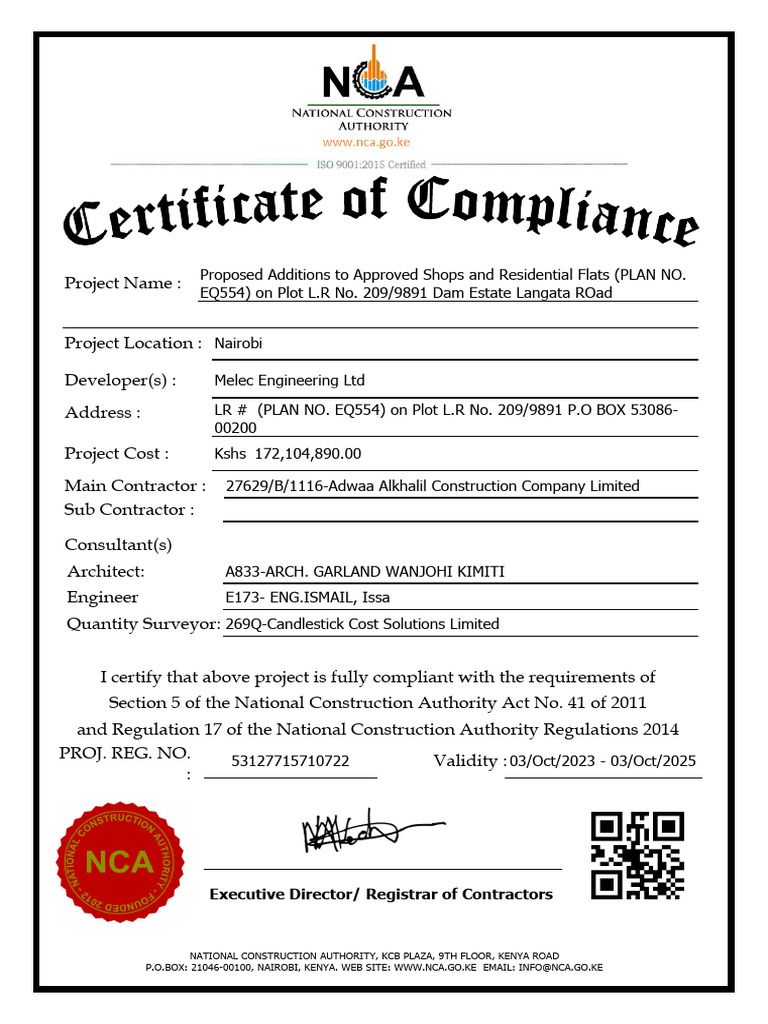 NCA Compliance Certificate for Project | PDF