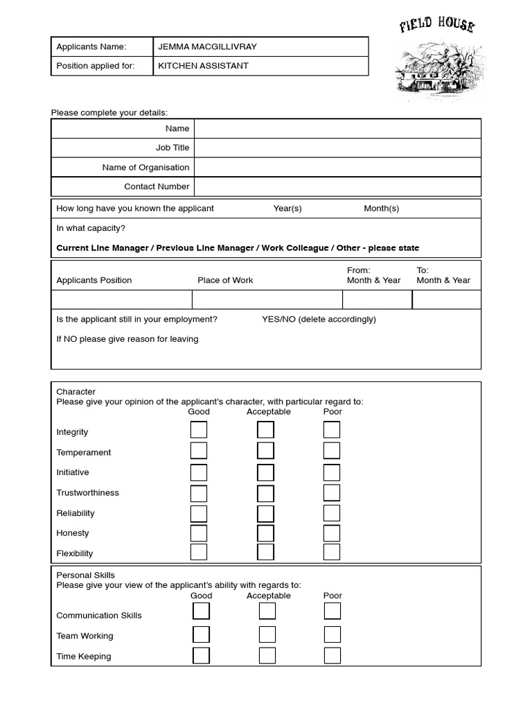 Kitchen Assistant Reference Form | PDF | Social Psychology