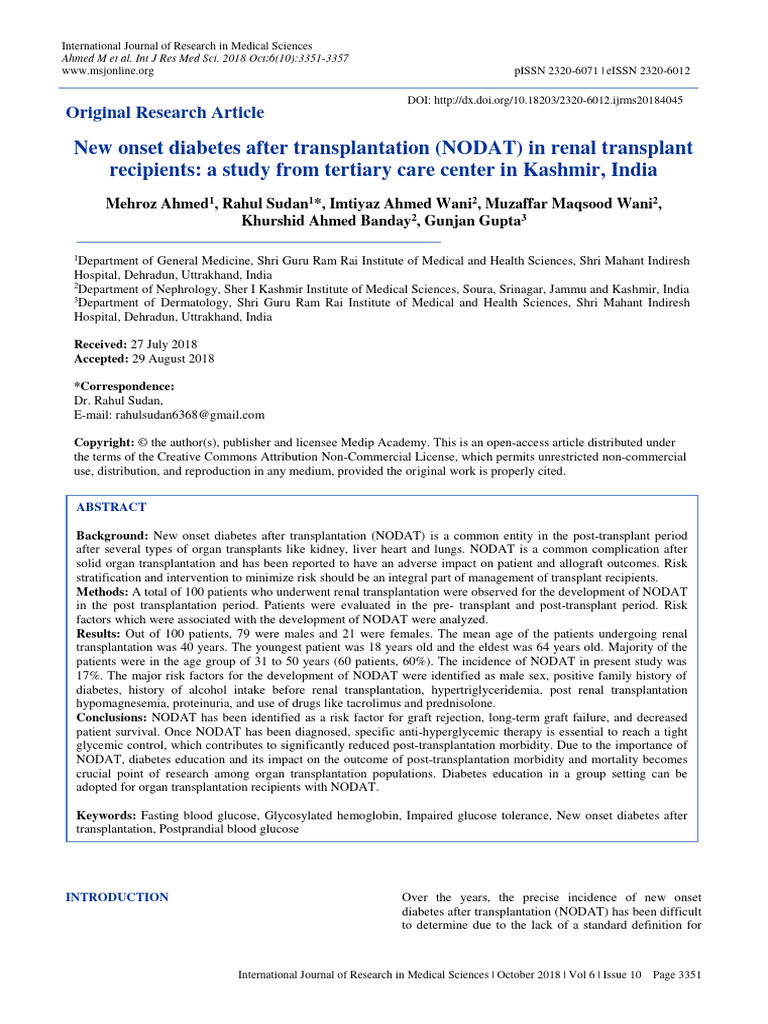 DM Post Transplant Study | PDF | Kidney Transplantation | Prediabetes