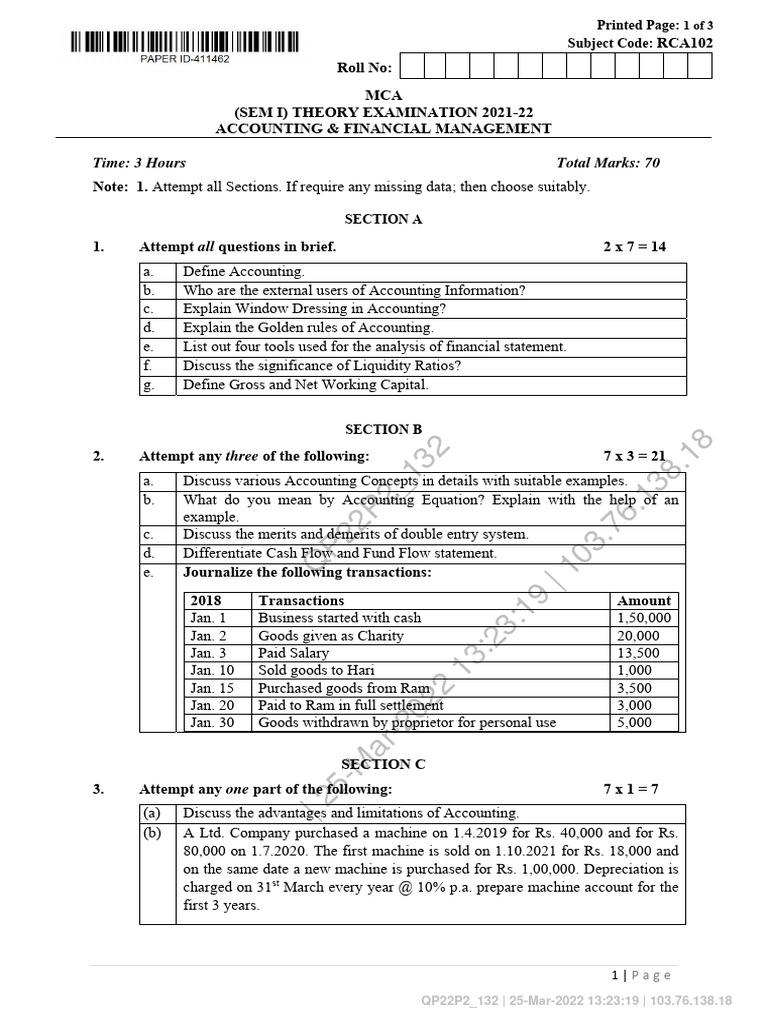 MCA Accounting & Financial Management Exam | PDF | Corporations | Money