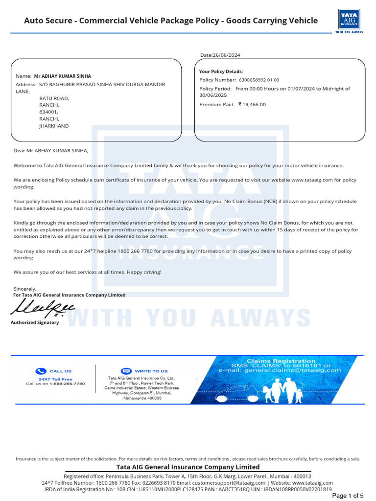 Tata AIG Motor Policy Schedule 3189 6300658992 01 PDF Insurance