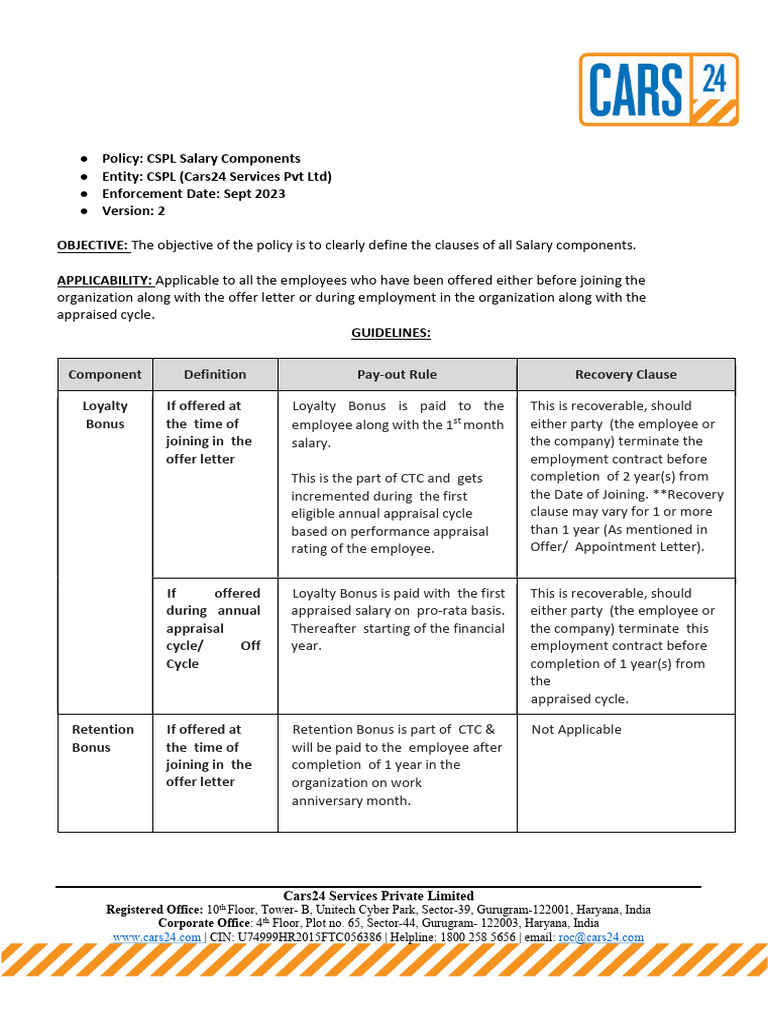 CSPL - Salary Components Policy | PDF | Employment | Salary
