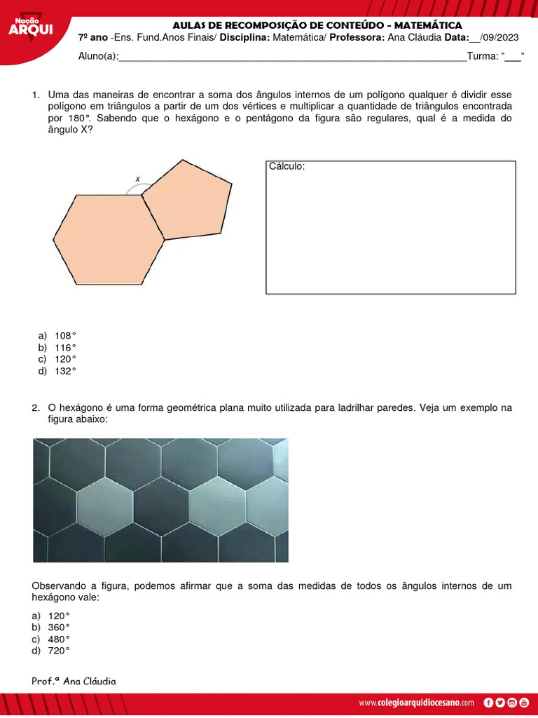 Matemática 7º Ano 28 09 Recomposição Pdf Triângulo ângulo