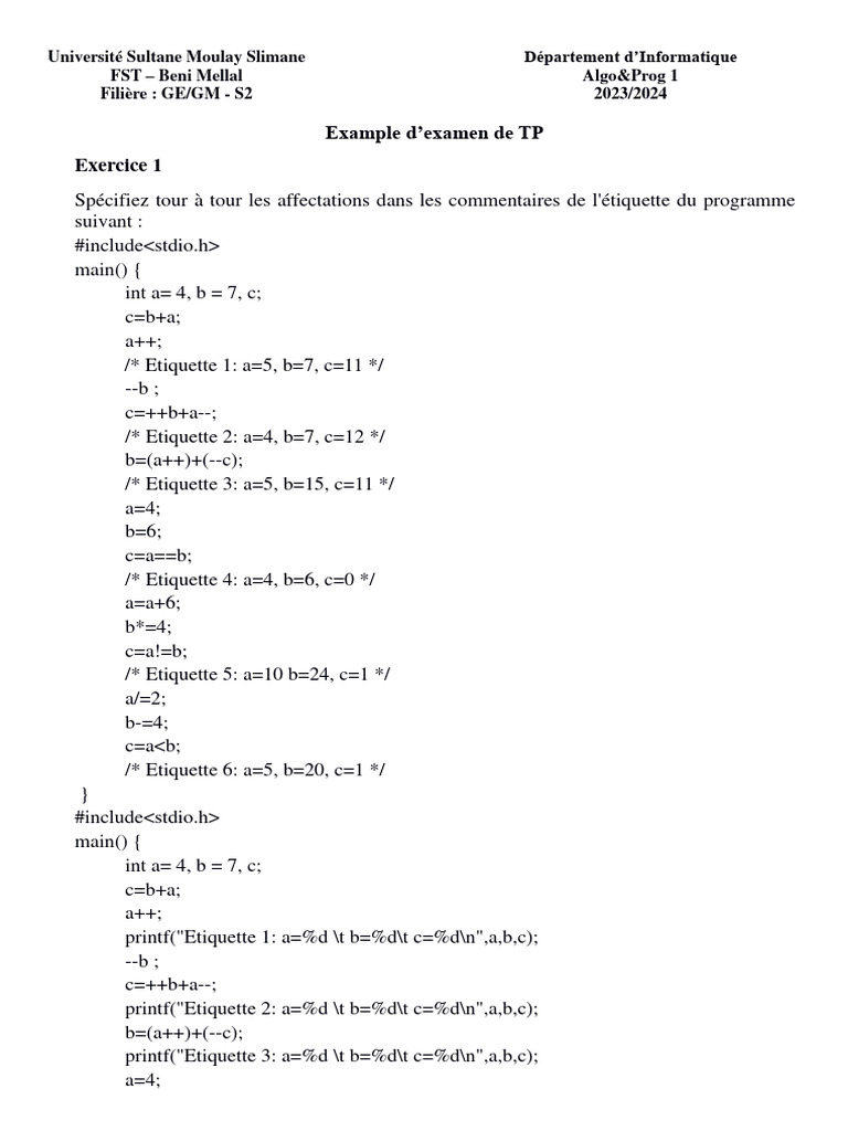 Examen TP Informatique S2 FST Beni Mellal | PDF | Programmation ...