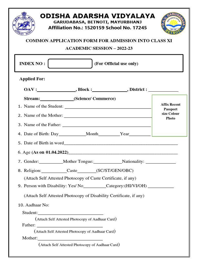 Odisha Adarsha Vidyalaya Admission Form | PDF