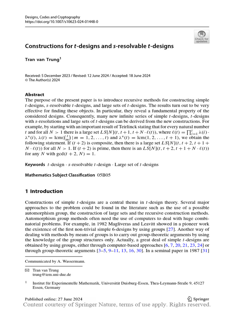 Constructions For T-Designs and S-Resolvable T-Des | PDF | Creative ...