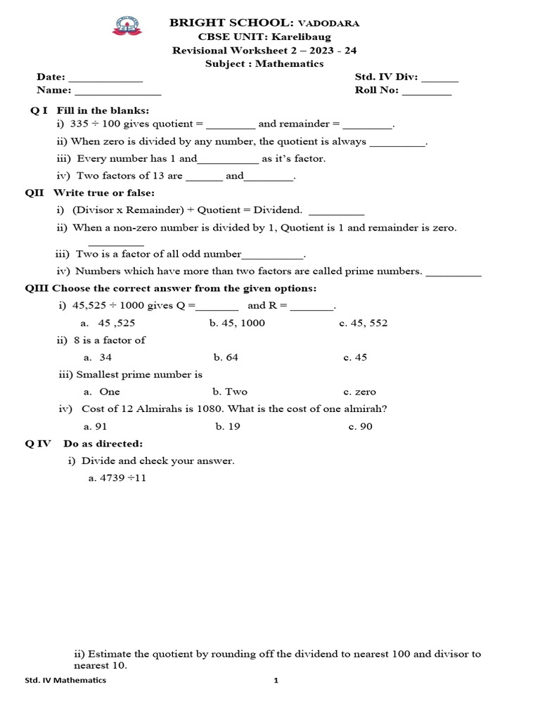 Std IV Mathematics Revision Worksheet | PDF
