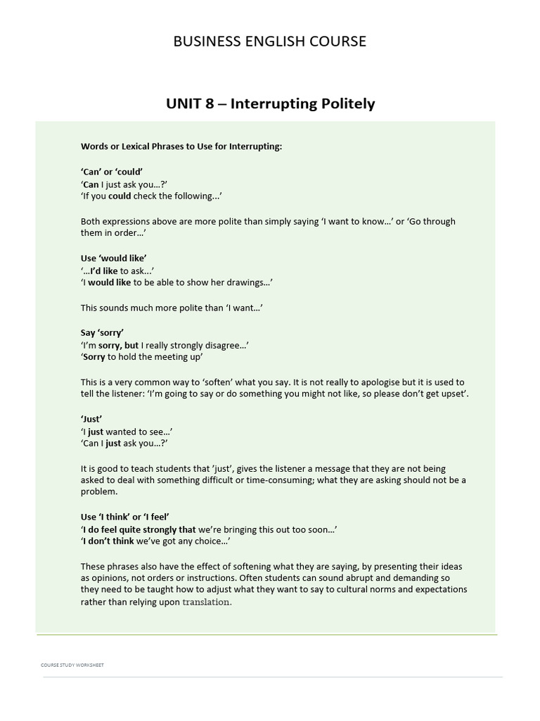 Unit 8 - Interrupting Politely | PDF | Linguistics