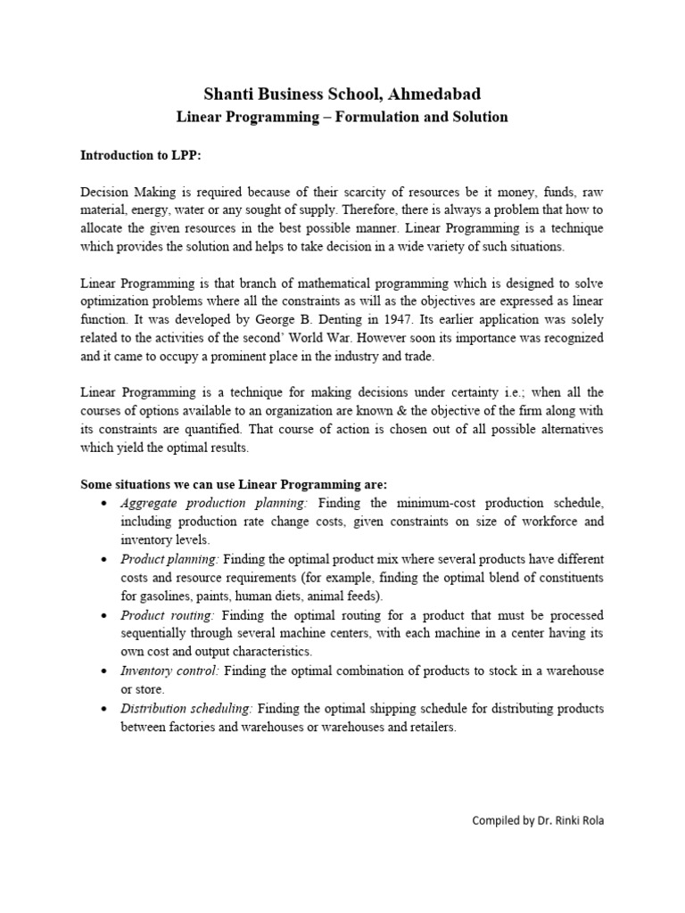 Notes For Linear Programming | PDF | Mathematical Optimization | Linear ...