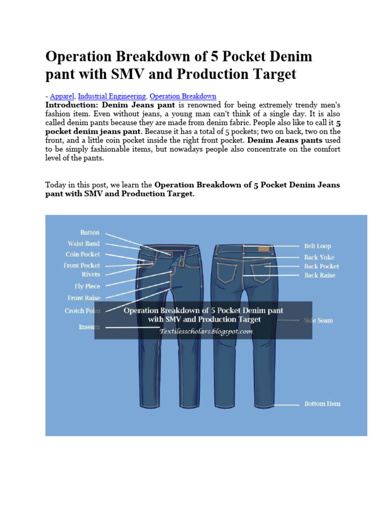 Operation Breakdown of 5 Pocket Denim Pant | PDF | Seam (Sewing) | Swimsuit