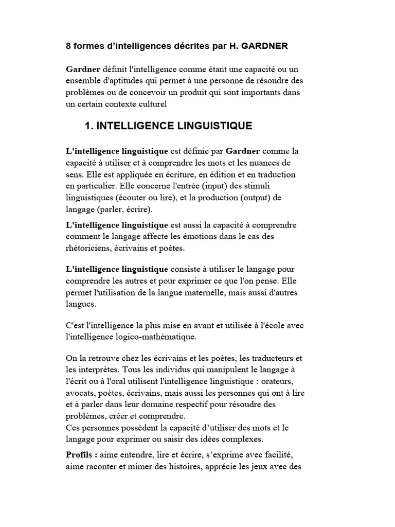8 formes d'intelligence selon Gardner | PDF | Intelligence | Traductions