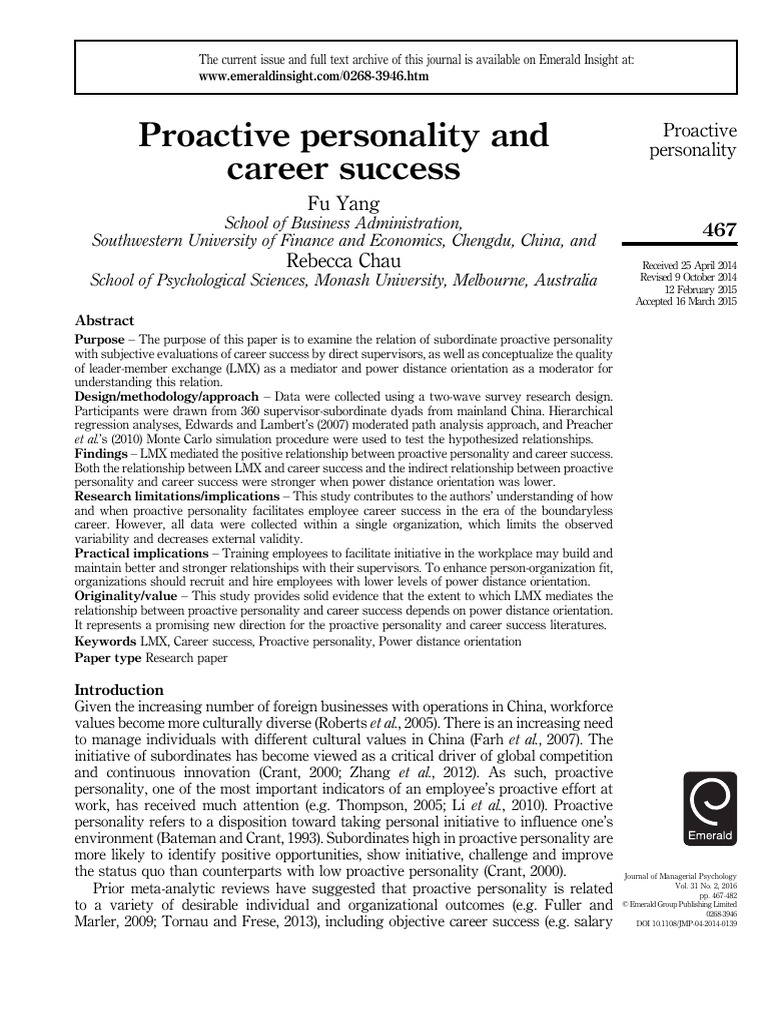 (Yang & Chau, 2015) Proactive Personality and Career Success | PDF ...
