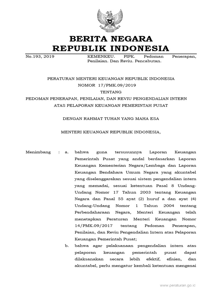 Pedoman Penerapan Pengendalian Intern | PDF