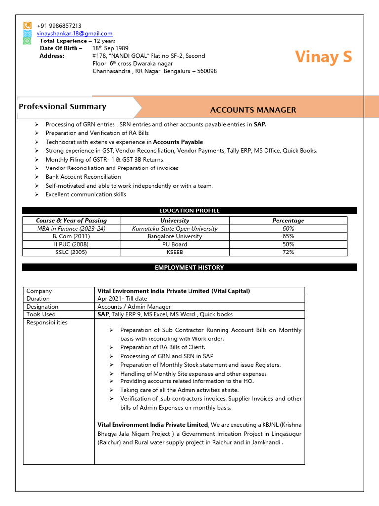Vinay S - CV | PDF | Accounts Payable | Business