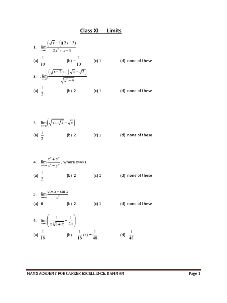 Limits Practice Questions for Class XI | PDF | Teaching Methods ...