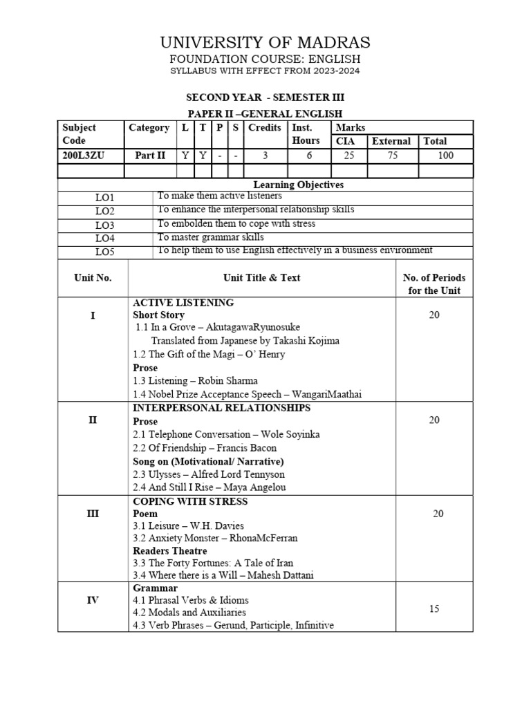 Madras University English Syllabus 2023-24 | PDF | English Language | Verb