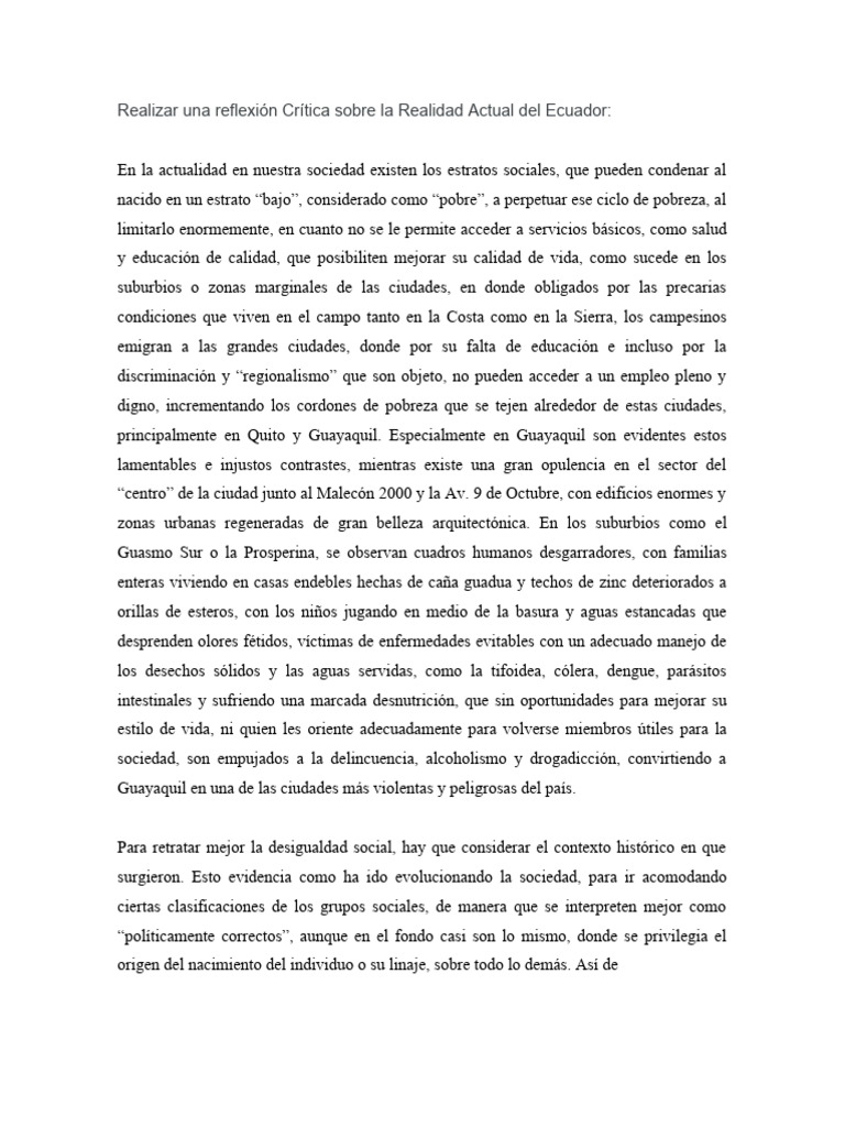 Realizar Una Reflexión Crítica Sobre La Realidad Actual Del Ecuador ...