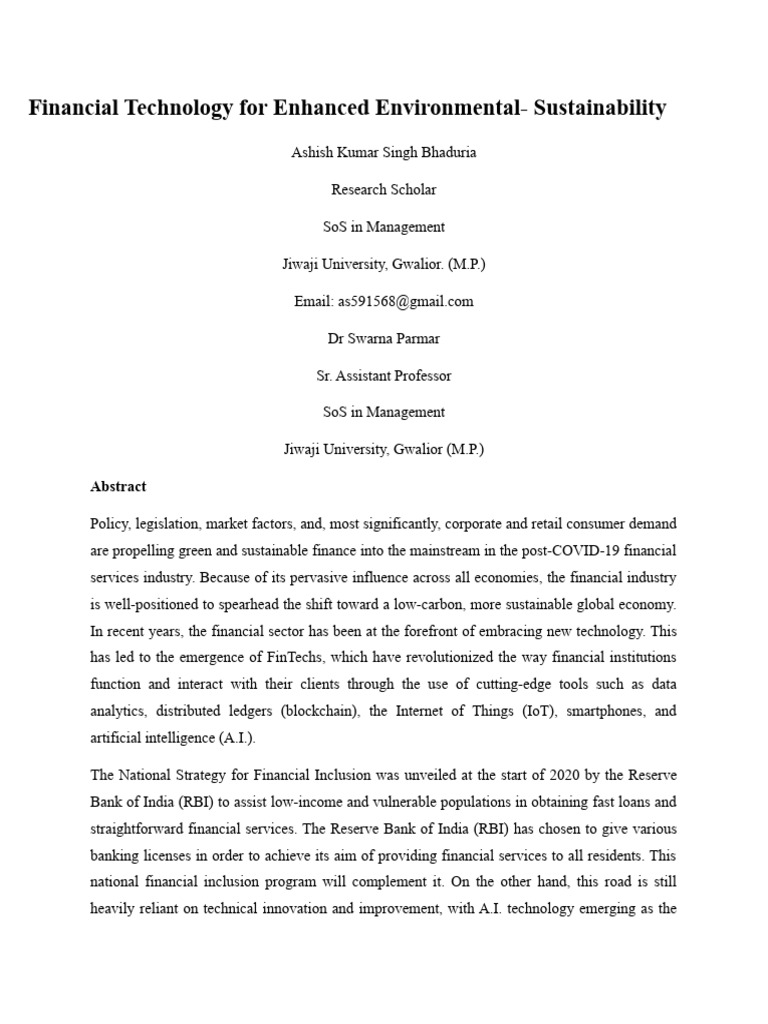 FinTech's Role in Sustainable Finance | PDF | Sustainability ...
