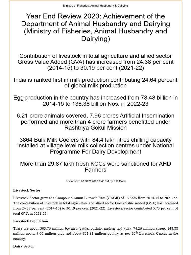Achievement of The Department of Animal Husbandry and Dairying
