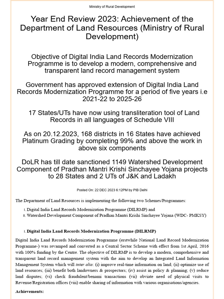 Achievement of The Department of Land Resources (Ministry of Rural ...