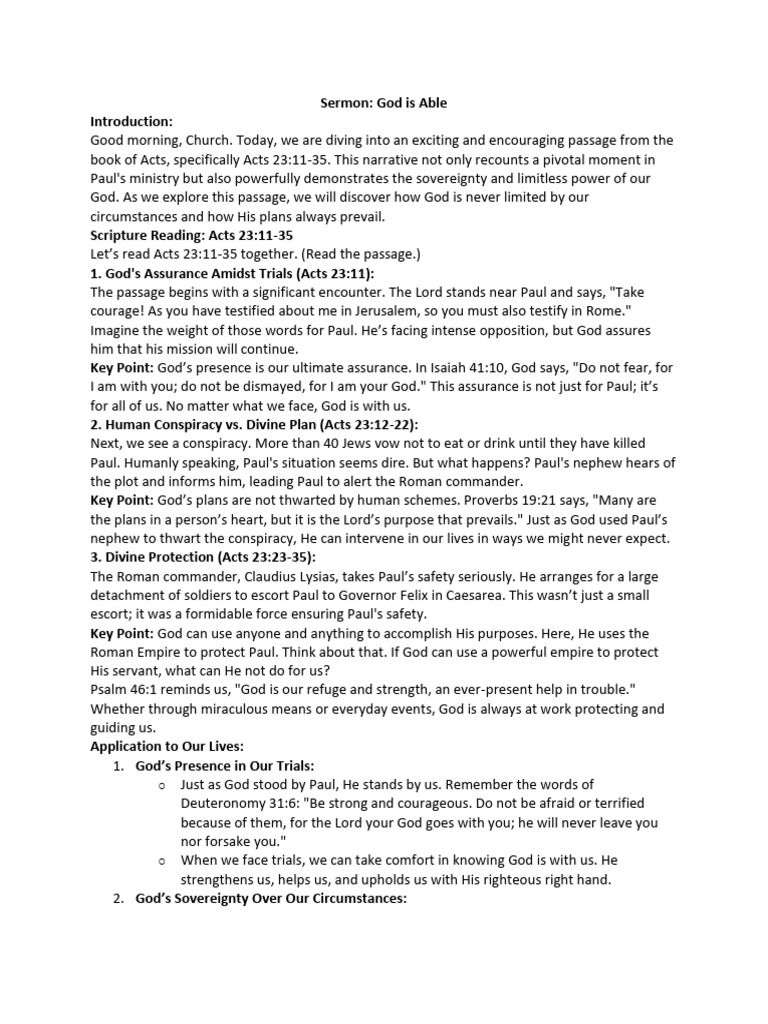 God is Able: Acts 23 Sermon | PDF | Paul The Apostle | Acts Of The Apostles