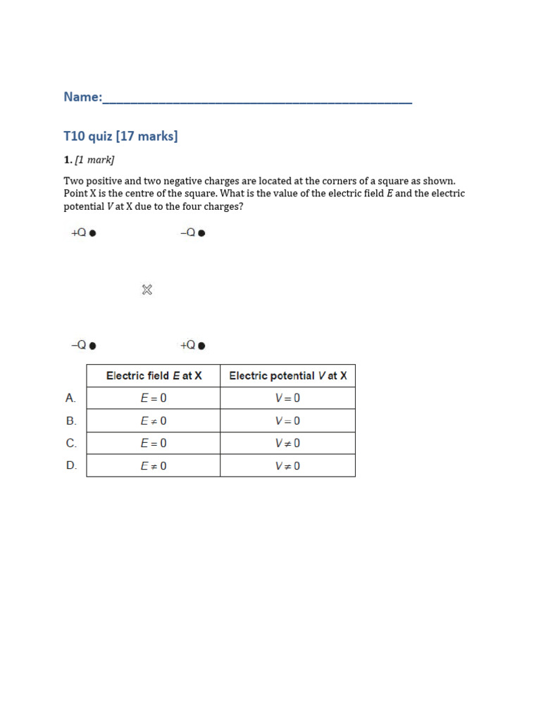 T10 Physics Quiz on Electric Fields and Potential | PDF | Electric ...