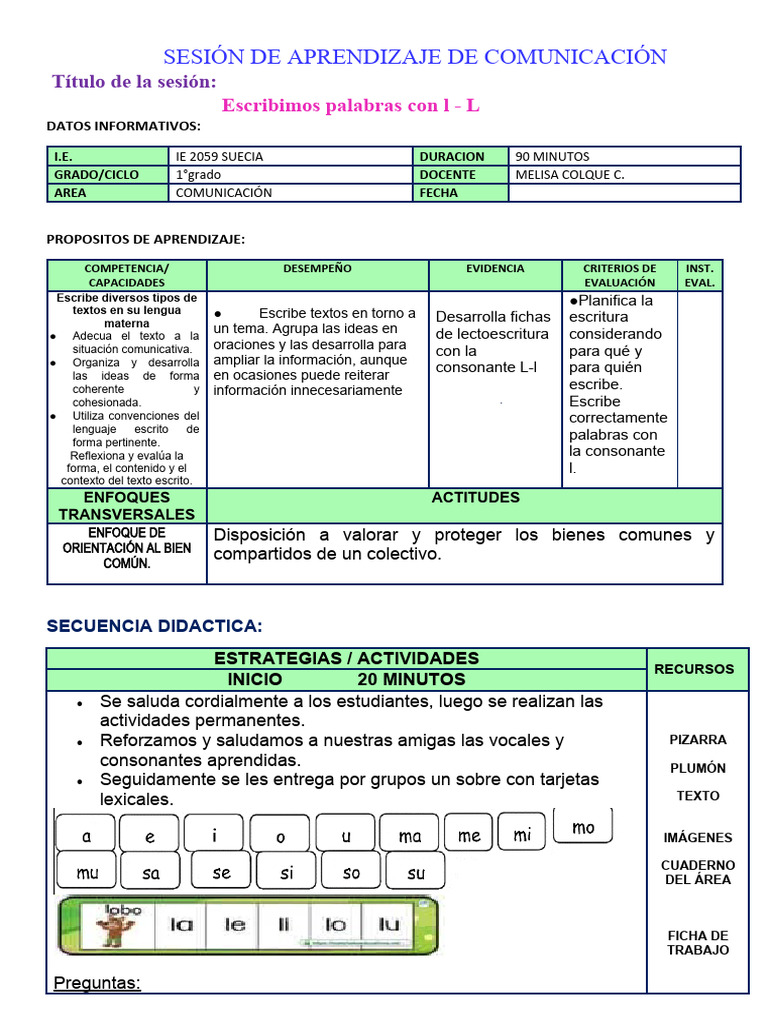 Escritura de Palabras con L - 1° Grado | PDF | Aprendizaje | Evaluación