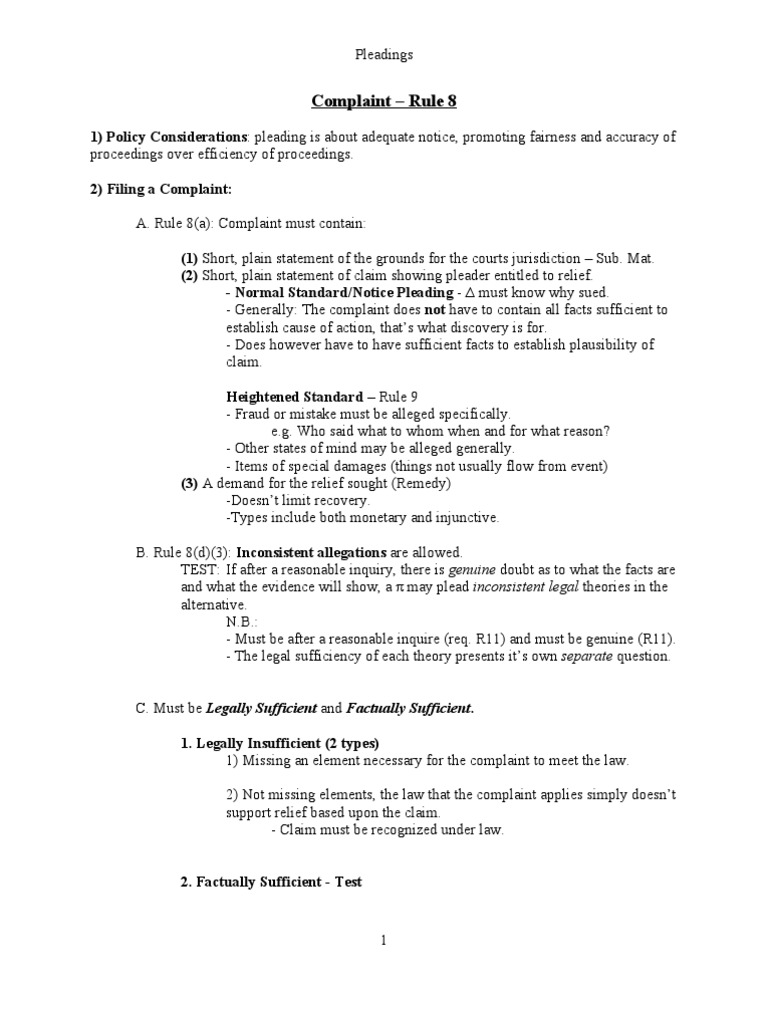 Civ Pro Midterm Outline Pleading Federal Rules Of Civil Procedure