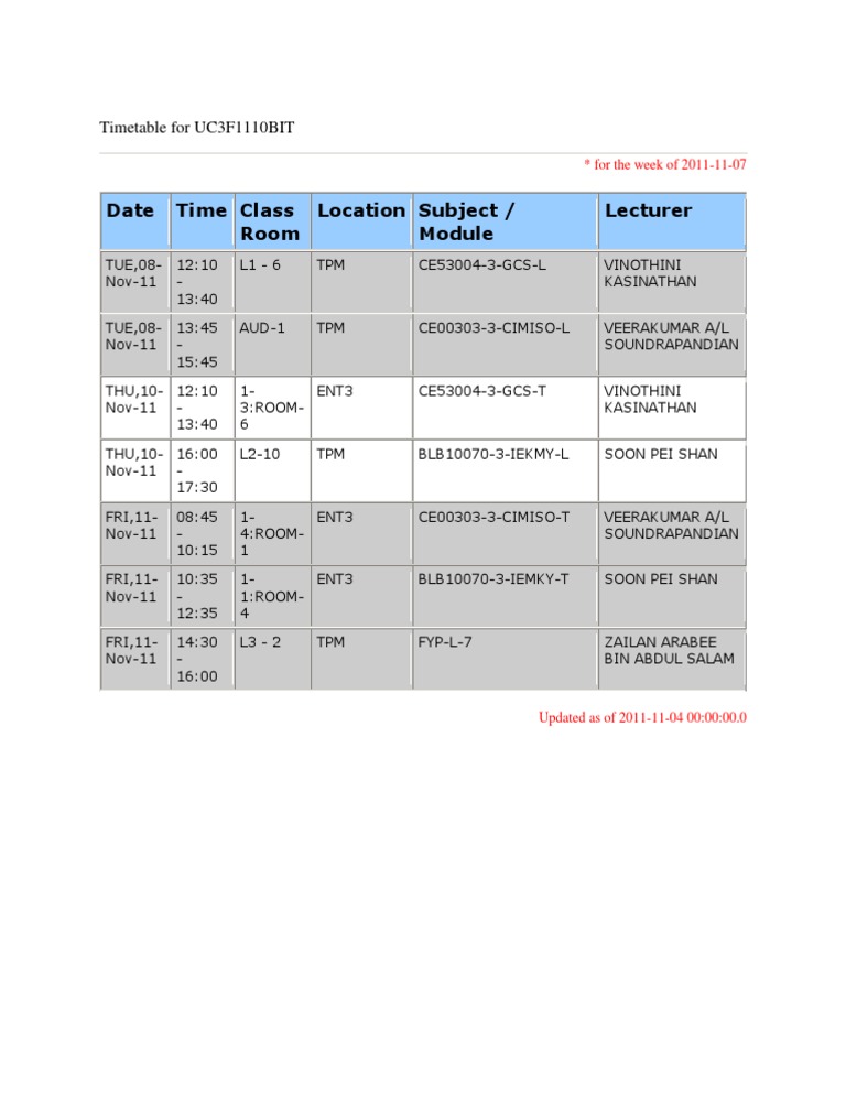 Timetable For UC3F1110BIT | PDF | Social Science | Foreign Language Studies