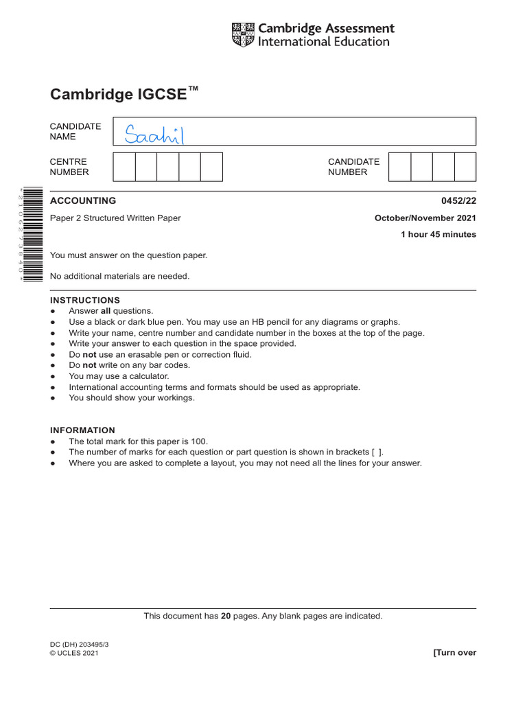 Cambridge IGCSE: ACCOUNTING 0452/22 | PDF | Debits And Credits | Revenue