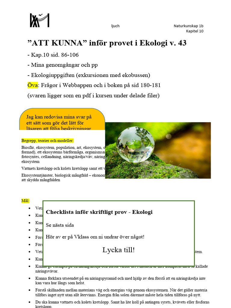 Att Kunna Inför Provet I EKOLOGI 2023 | PDF