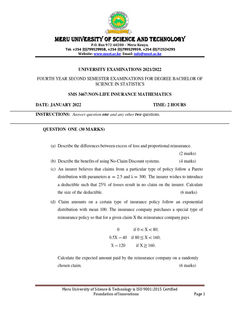 SMS 3467 Non Life Insurance Mathematics PDF Insurance Reinsurance