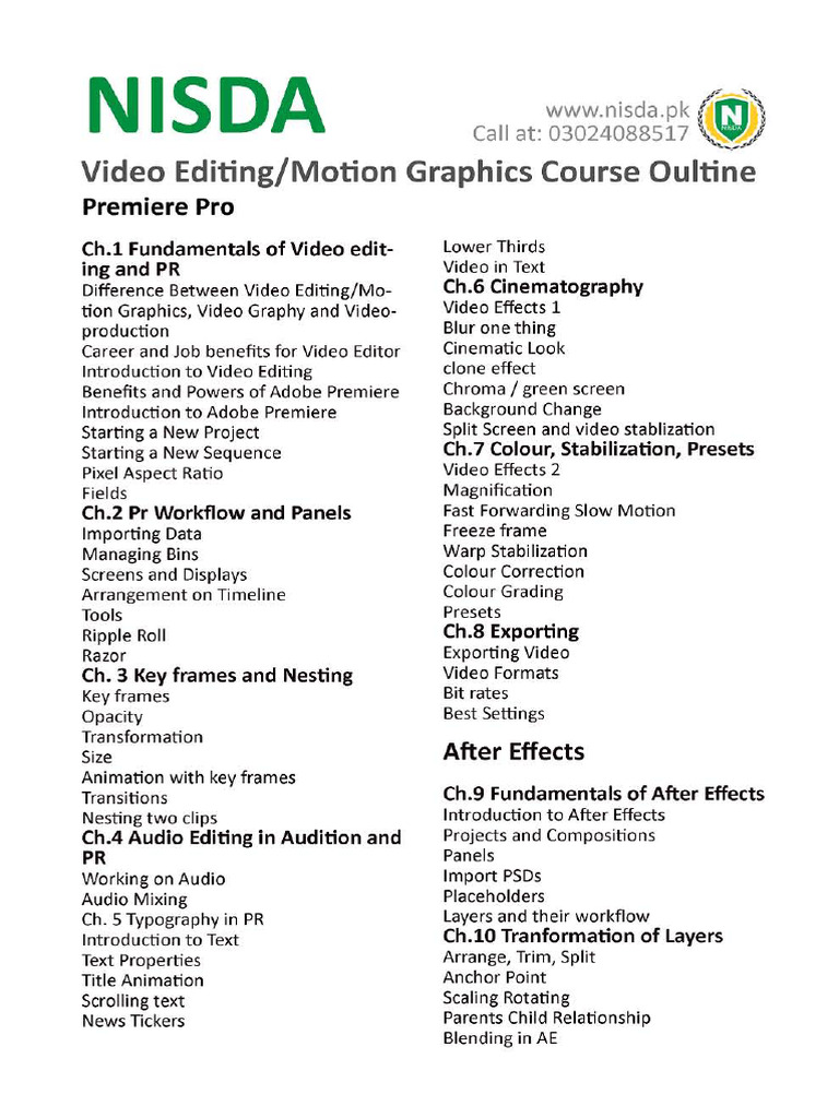 NISDA Video Editing Course Outline | PDF