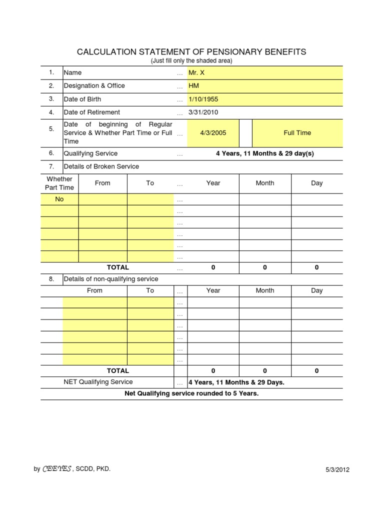Pension Calculation Statement Template | PDF