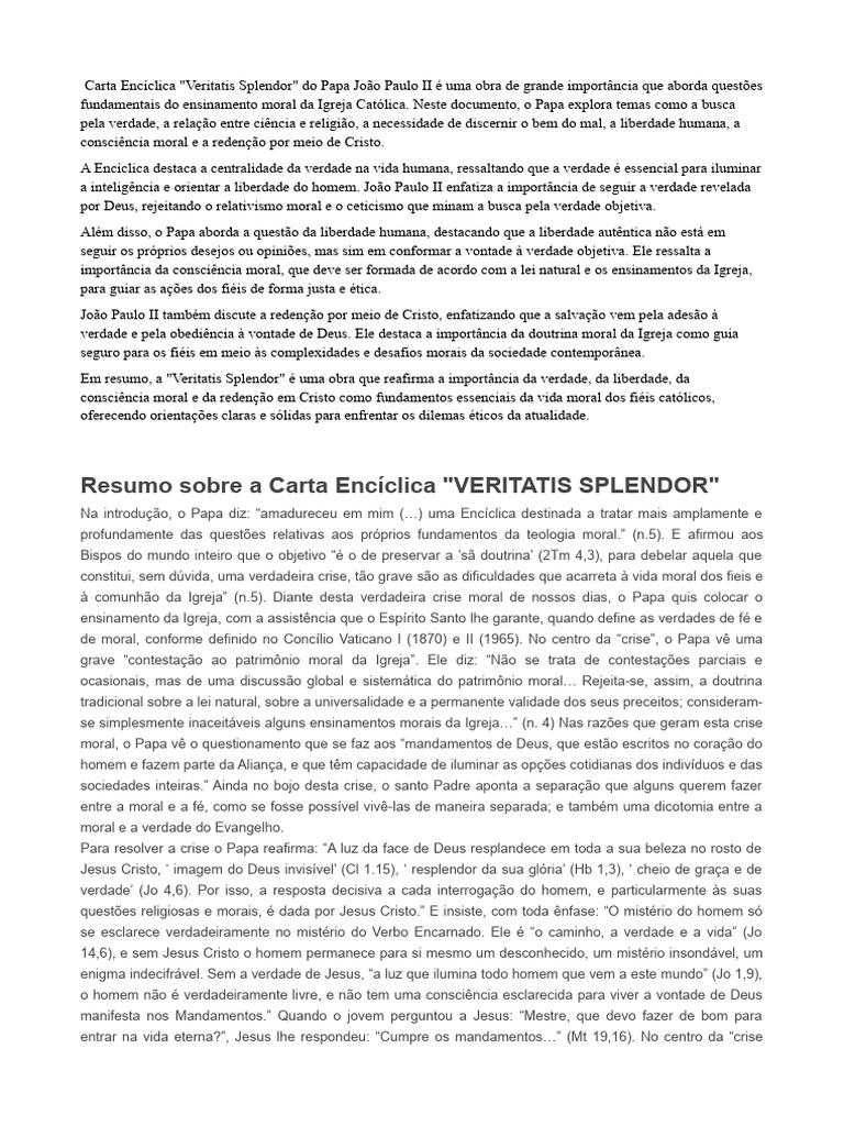 Verdade e Moral na Encíclica Veritatis Splendor | PDF | Igreja católica ...