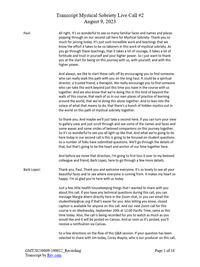 Transcript - Mystical Sobriety Live Call #2, August 9, 2023 | PDF ...