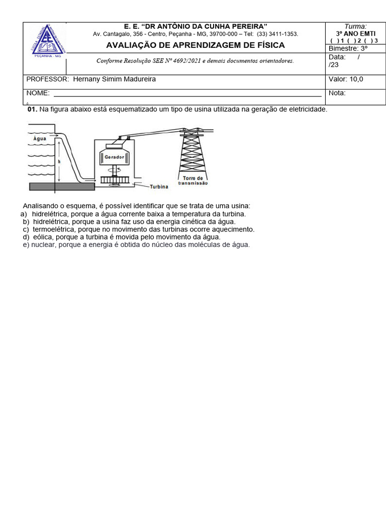 Avaliação de Física 3º Ano EMTI | PDF