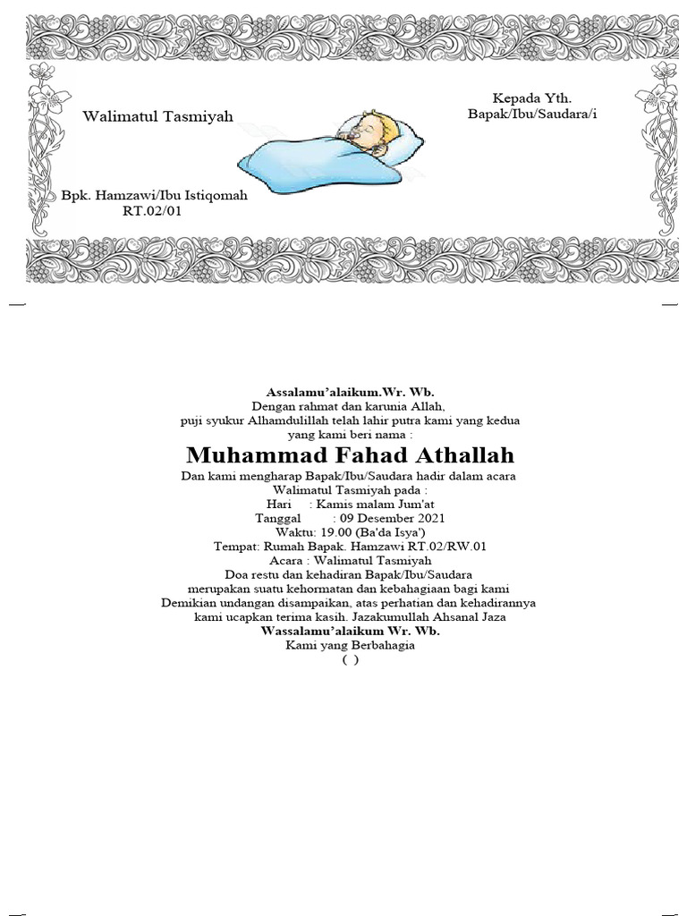 Contoh Undangan Walimatul Tasmiyah | PDF