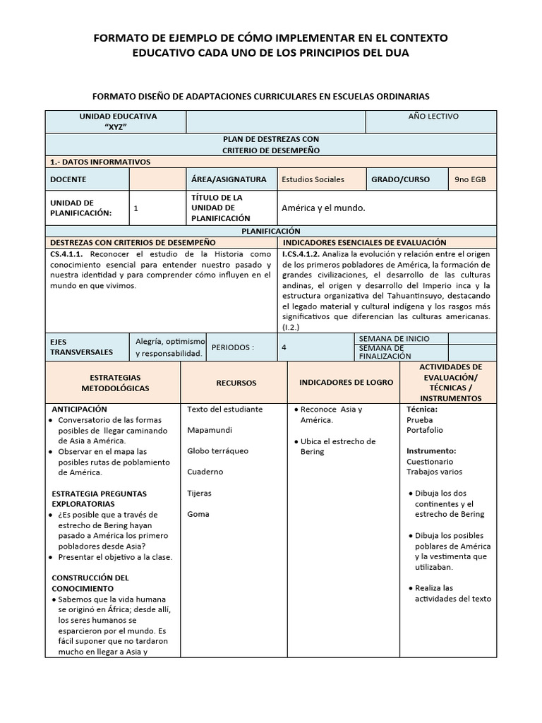Planificación Con Formato Dua PDF Evaluación Américas