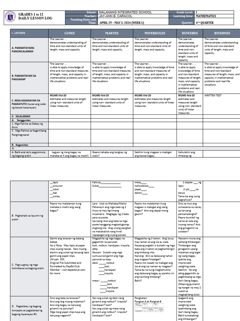 DLL - Mathematics 1 - Q4 - W5 | PDF