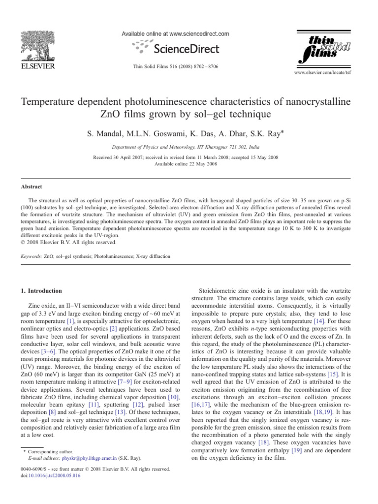 Temperature Effects on ZnO Photoluminescence | PDF | Zinc Oxide ...