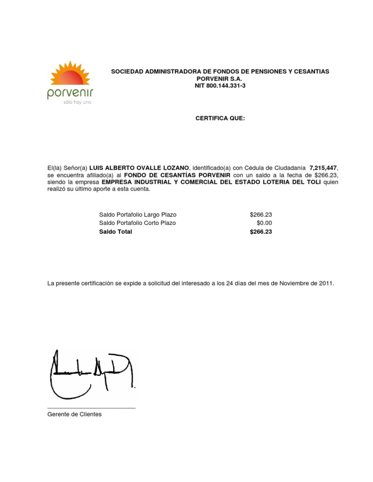 Certificado Porvenir